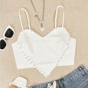 SHEIN ICON Pearls Beaded Crop Cami Top (White)
